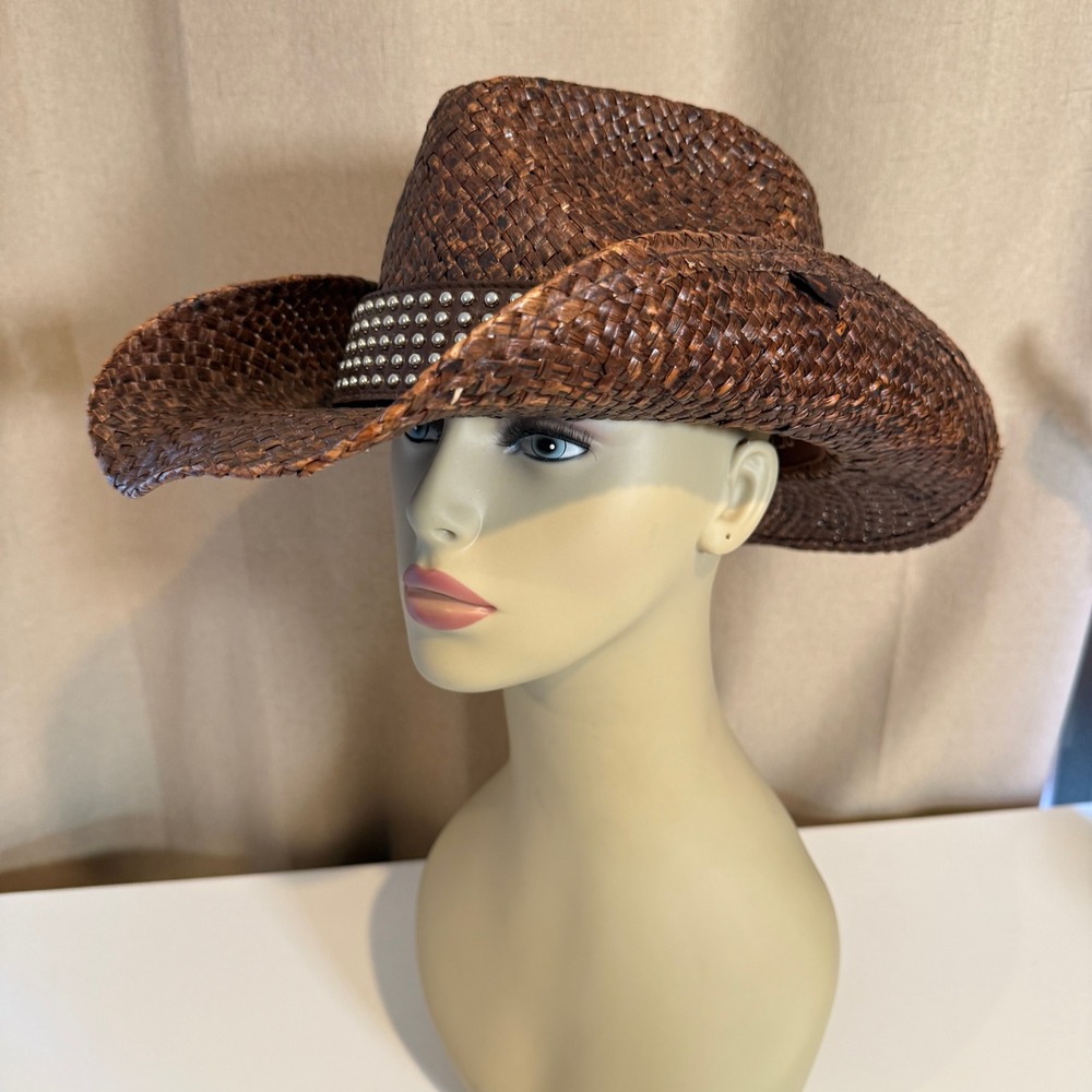 Peter Grimm Brown Woven Natural Fiber Studded Cowboy Hat Womens One Size